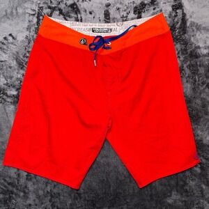 Volcom Mens Red Orange 4 Way Stretch Cinch Fly Board Shorts Swim Trunks Size 32